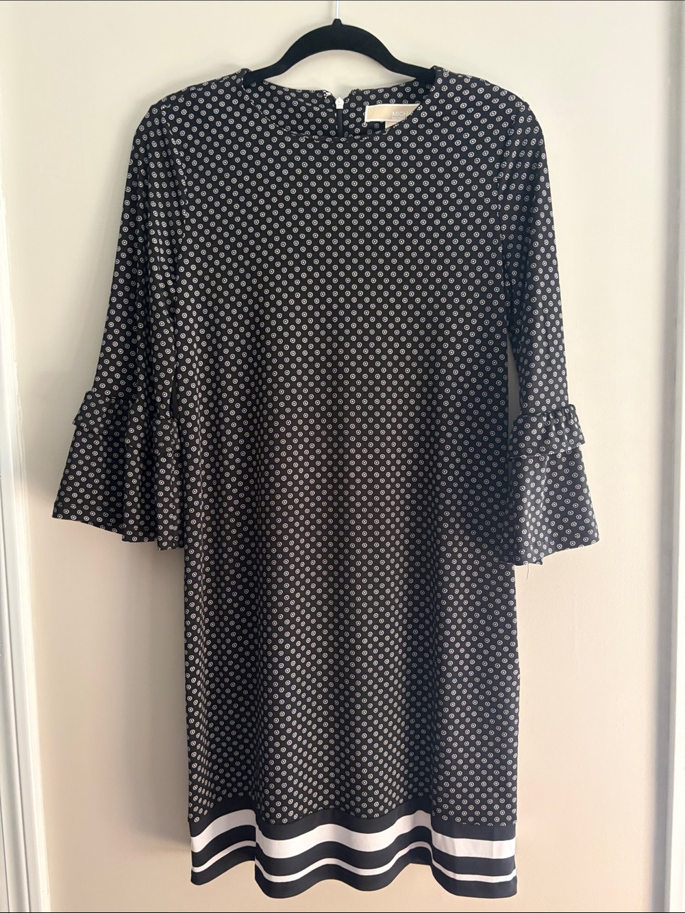 Michael Kors Black Dress with White Geometric Print and Striped Hem